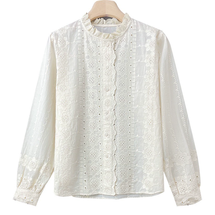 Женская рубашка 2026 года, весенняя новинка, с кружевным воротником-рюшами, абрикосового цвета, с длинным рукавом, вышивка, цветочный узор, из чистого хлопка