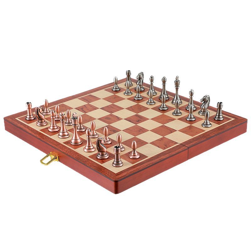 Ajedrez de metal, tablero de ajedrez plegable de madera, caja de regalo de alta gama para juegos infantiles, adornos de piezas de ajedrez occidentales, regalos