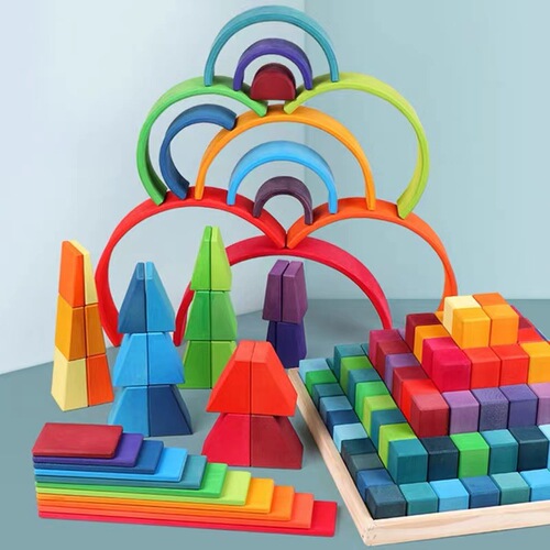 Rainbow building blocks, basswood large storage box, little people building Jenga, children's educational toys, pyramid building blocks