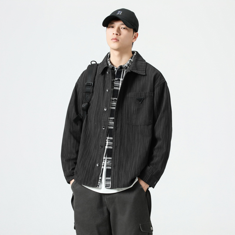 High-end Bamboo Texture Shirt Men's Long-sleeved Autumn New Japanese Retro Loose plus size Shirt Work Jacket