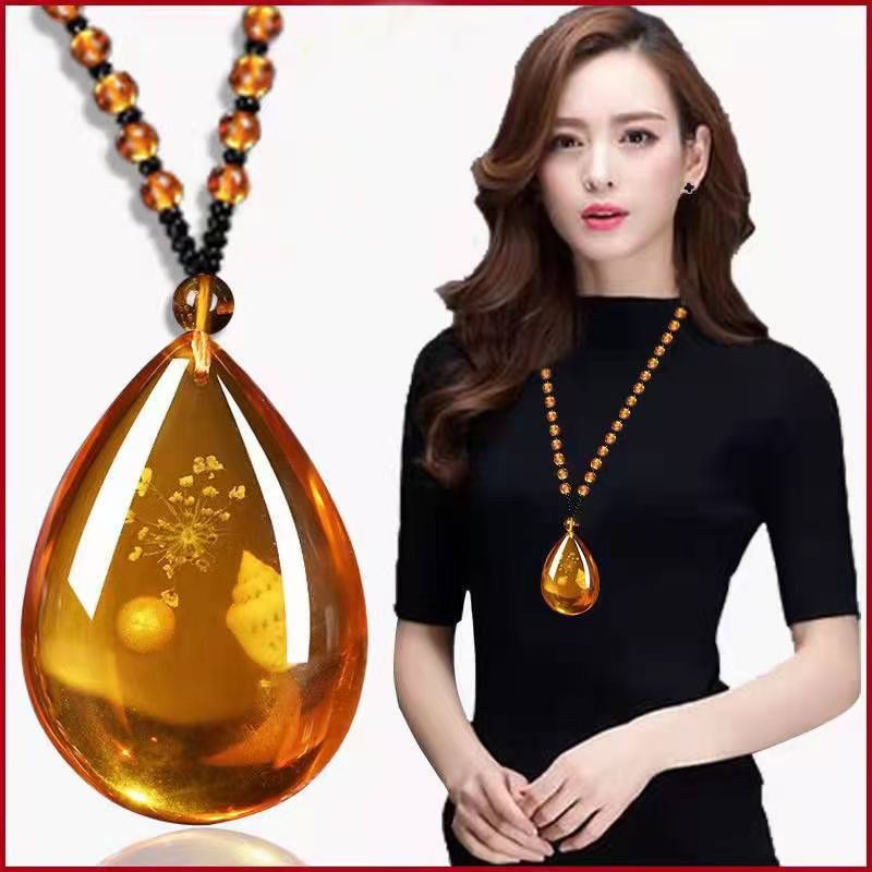 仿琥珀蜜蜡毛衣链镶嵌贝壳植物化石男女款时尚项链会展直播配饰品