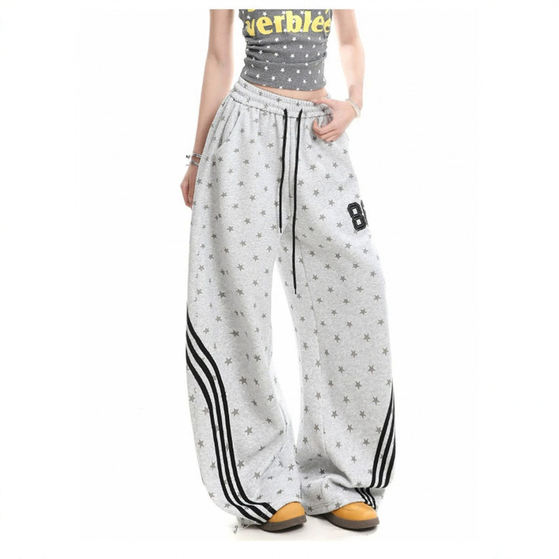 American-Style Star-Printed Three-Stripe Wide-Leg Sweatpants for Men and Women, Loose Hip-Hop Jazz Dance Sports Trendy Brand Curved Pants