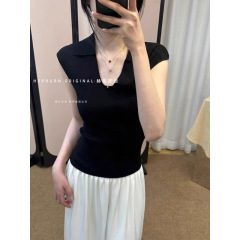 フレンチレトロアイスシルクポロノースリーブUネックTシャツレディースセーターベストレディース夏ハイエンドデザイントップ