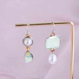 时尚新款手工制作青玉色和淡水珍珠耳环 不对称氧化古银耳环