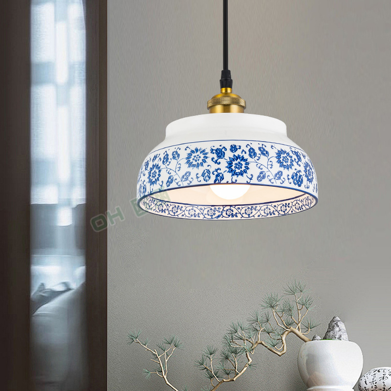 Blue and White Porcelain Restaurant Chandelier Three-headed Chinese Classical Bedroom Study Tea Room Ceramic Entrance Stair Chandelier Aisle Lamp Blue and White Porcelain Restaurant Chandelier Three-headed Chinese Classical Bedroom Study Tea Room Ceramic Entrance Stair Chandelier Aisle Lamp