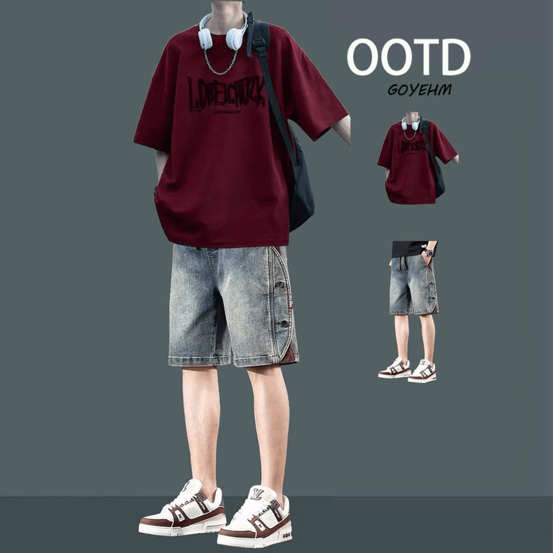Summer Short-Sleeve T-Shirt for Men, Trendy Brand, Student Style, Cool and Stylish Outfit, Button-Up Denim Shorts, Hip-Hop Set