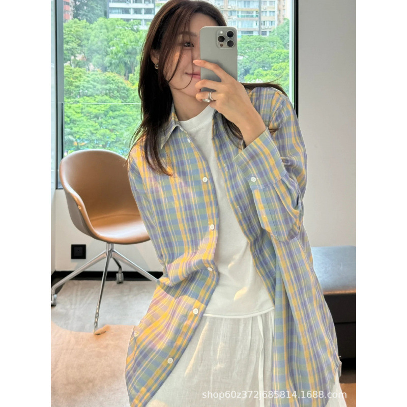 In-Stock Spring/Summer New Nordic Niche Lazy Style Linen Faded Effect Madras Plaid Casual Shirt for Women