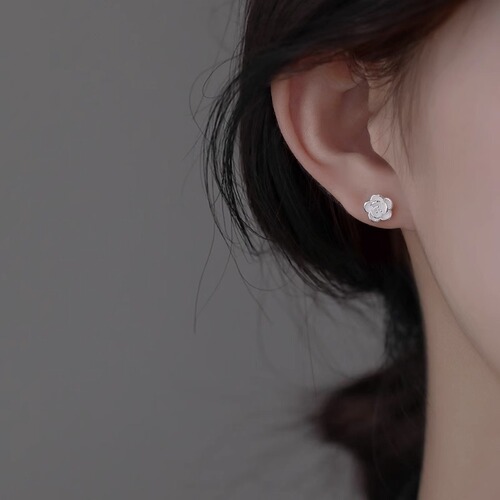 999 Pure Silver Camellia Flower Stud Earrings for Women, Unique Design, High-End Elegance,  New Arrival, Light Luxury, Instagram-Style Earrings