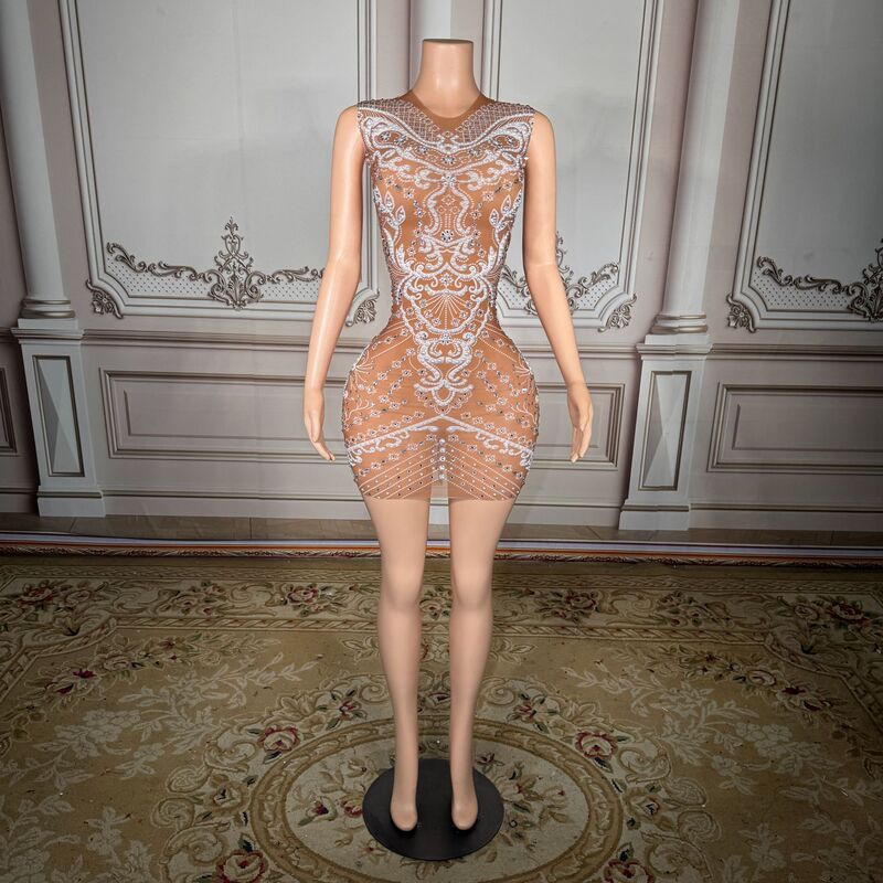 Cross-Border Nude-Colored High-End Luxury Rhinestone-Patterned Sheer One-Piece Dress, Short Style for Dance Parties, Bars, and Nightclubs, Sexy Gown Cross-Border Nude-Colored High-End Luxury Rhinestone-Patterned Sheer One-Piece Dress, Short Style for Dance Parties, Bars, and Nightclubs, Sexy Gown