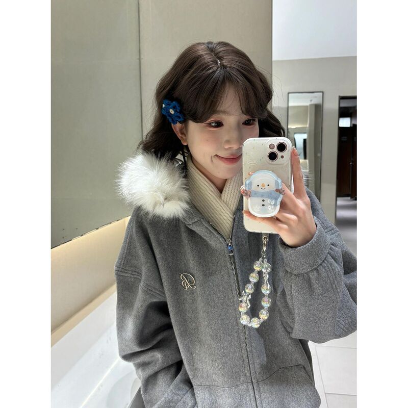Korean Style Fur Collar Fluffy Hooded Sweatshirt for Women 2025 Autumn and Winter Casual Loose Velvet Thickeneded Cardigan Ins Style Jacket Korean Style Fur Collar Fluffy Hooded Sweatshirt for Women 2025 Autumn and Winter Casual Loose Velvet Thickeneded Cardigan Ins Style Jacket