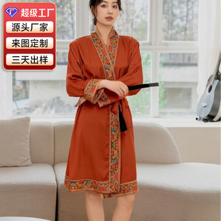 Wow Customized Ice Silk Nightgown for Women Summer Plus Size Spring and Autum Long-Sleeved Mid-Length Nightgown Chinese Style Home Wear Pajamas