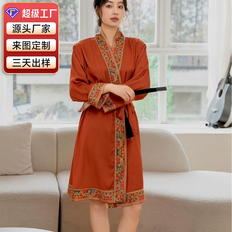 Wow, ночная рубашка из ледяного шелка по индивидуальному заказу для женщин, летняя ночная рубашка больших размеров, весенне-осенняя ночная рубашка средней длины с длинными рукавами, домашняя одежда в китайском стиле, пижамы