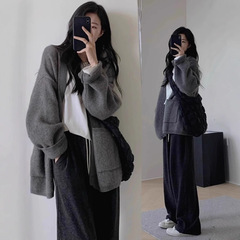 灰色中长款毛衣外套女秋冬宽松慵懒风秋款针织开衫外搭外穿