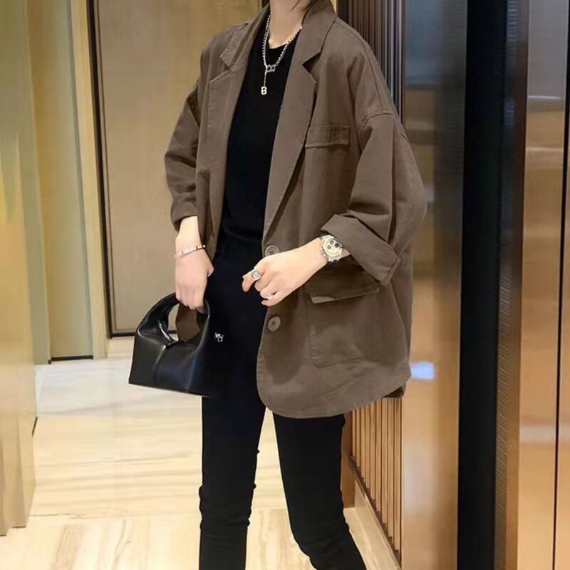 Spot Khaki Suit Jacket Women's Small Loose Large Size Casual Thin Suit Spring and Autumn 2022 New European Spot Khaki Suit Jacket Women's Small Loose Large Size Casual Thin Suit Spring and Autumn 2022 New European