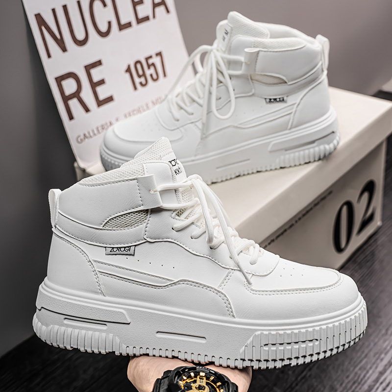 European Trendy Brand Autumn and Winter White Men's Shoes Thick-Soled High-Top Sports Casual Shoes Versatile Large Size Leather Skate Shoes
