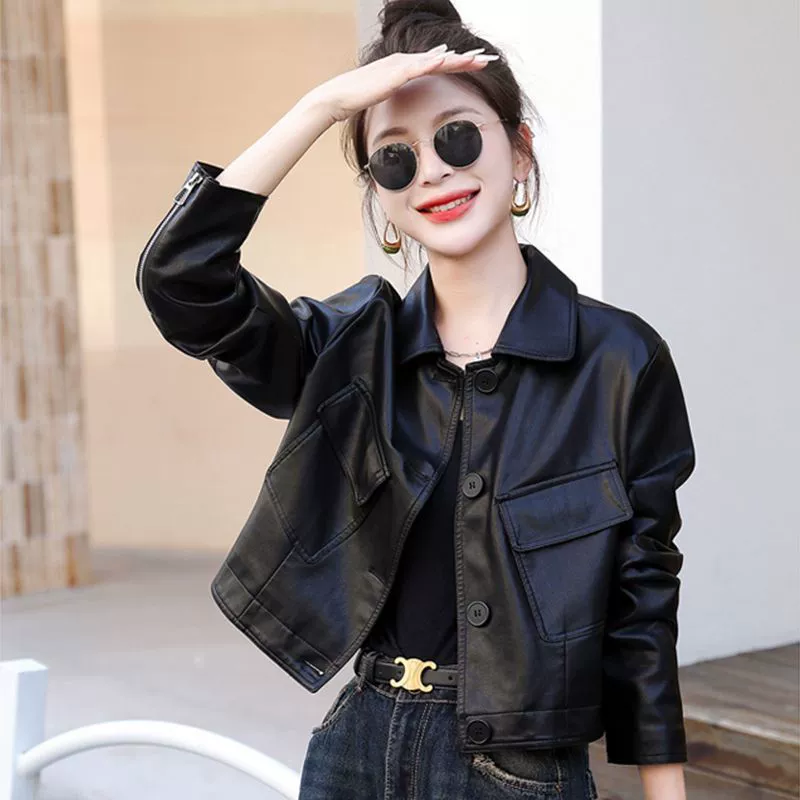 Autumn fashionable short polyurethane jacket, square neckline, 2025 years, loose fit