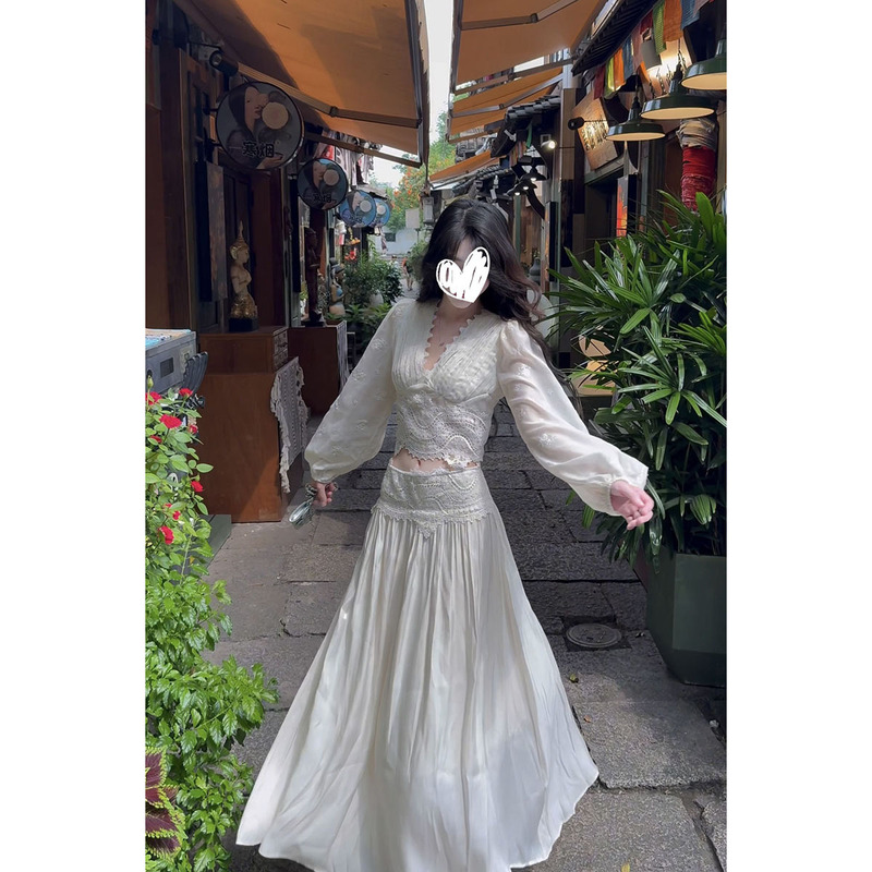 韩系镂空套头女纯欲气质宽松休闲显瘦长袖上衣半身裙两件套装|undefined