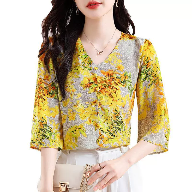 Yellow summer silk shirt, V-neckline