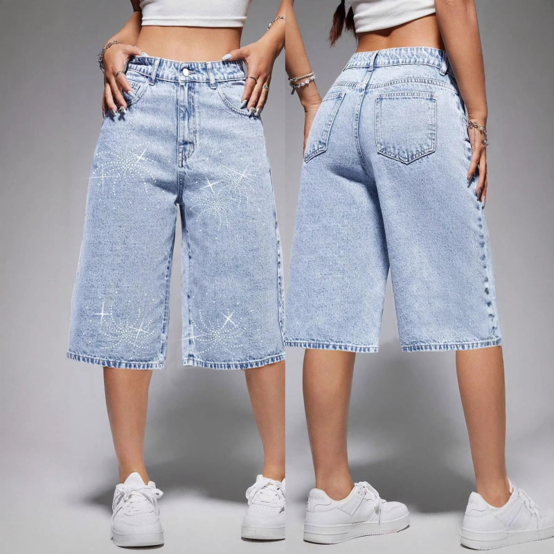 Fireworks Rhinestone High-Waisted Denim Shorts for Women, Light Blue Washed Hot Girl Jeans, Wholesale from Source Factory in Stock