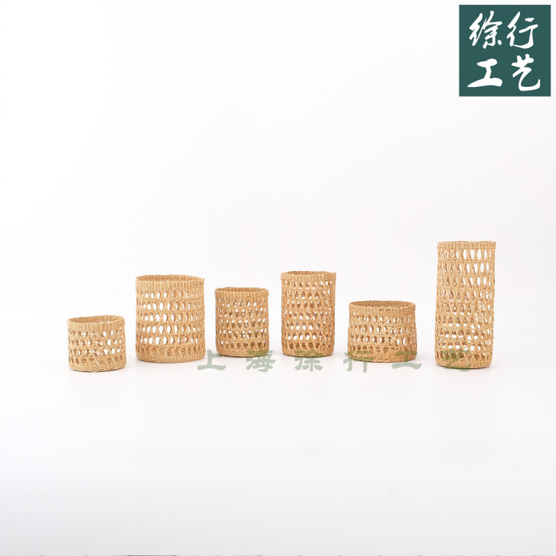 Xuxing Straw Woven Cup Set Yellow Straw Woven Handmade Hollow Mesh Flower Pot Tea Cup Set Desktop Decorative Ornaments J