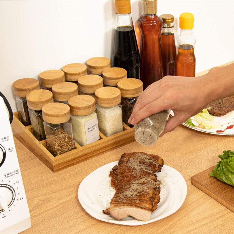 Estante de condimento de bambú y madera caja de especias de escritorio 12 caja de acabado de cuadrícula caja de partición de especias caja de almacenamiento de condimentos