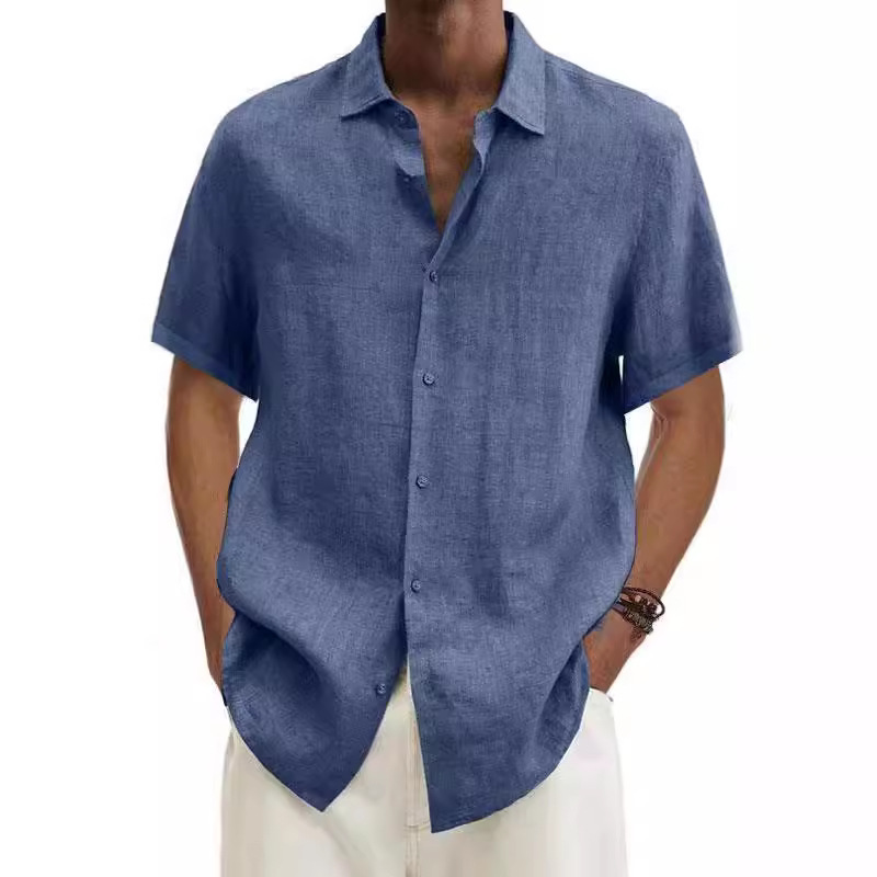 Camisa de Hombre Moderna de Verano 2025, Plataforma Independiente Wish, Éxito de Ventas en Amazon, Cuello en V, Botones, Algodón y Lino, Color Sólido