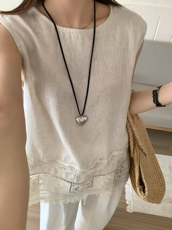 中空刺繍ステッチノースリーブベスト 2025 文学レトロラウンドネックバックデザイン多用途ルーズトップ女性用|undefined