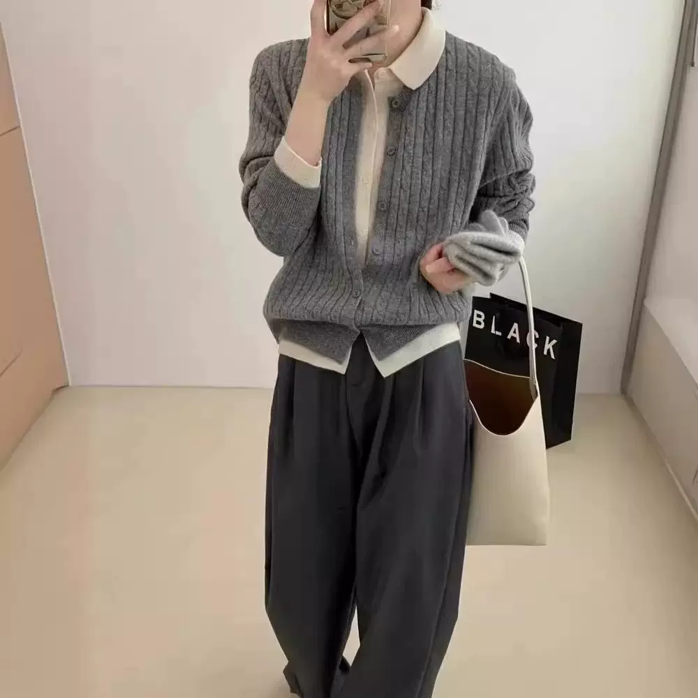 小众洋气撞色翻领毛衣女2024年秋季新款设计感假两件针织开衫外套