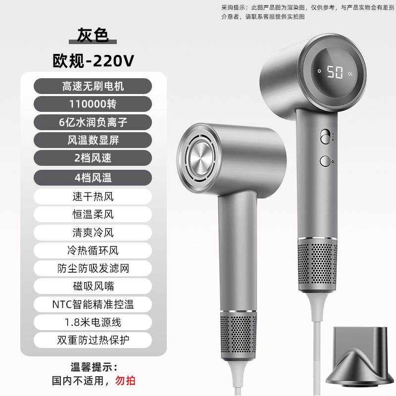 【D4-D】회색【유럽 규격 - 220V】- 11만 RPM 브러시리스 모터 + 6억 개 음이온 + 풍온 디지털 표시 + 자석식 흡입 노즐 + 1600W