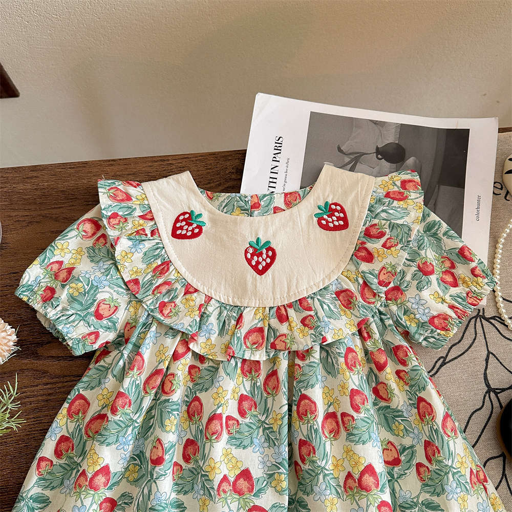 Vestido de niña con volantes bordado de siete fresas de limón salado verano nuevo estilo estampado de frutas falda de muñeca de manga corta para niños