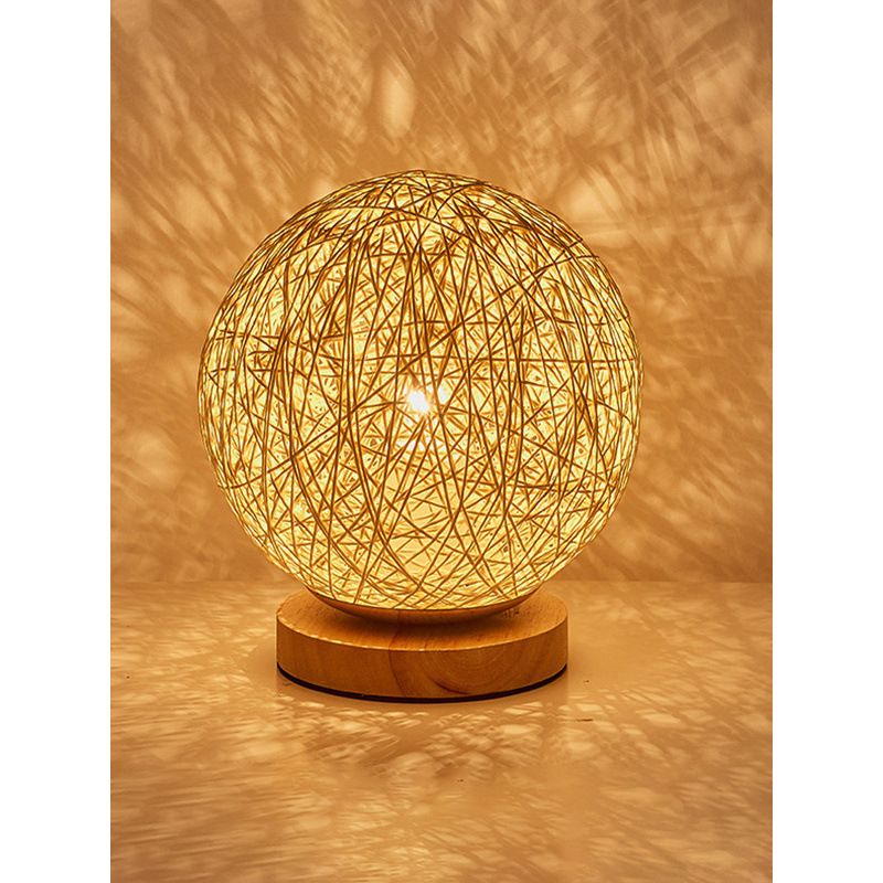 Nordic Bedroom Bedside Lamp, Solid Wood Creative Personality Hemp Ball Table Lamp, Rattan Art, Warm and Romantic Wedding Room, Simple and Modern Nordic Bedroom Bedside Lamp, Solid Wood Creative Personality Hemp Ball Table Lamp, Rattan Art, Warm and Romantic Wedding Room, Simple and Modern