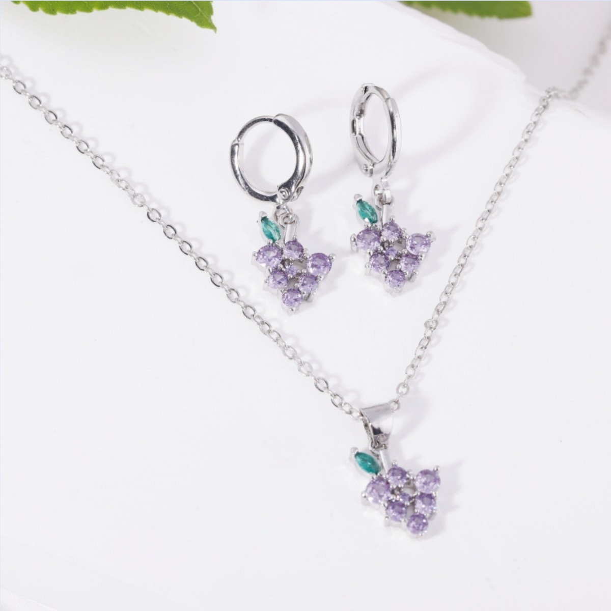 Fruit Earring Necklace Set Colorful CZ Zircon Earrings Grape Cherry Piercing Jewelry Gold detail image 28