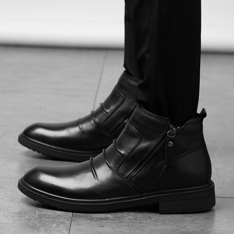 Mittelhohe Lederschuhe, lässige kurze Stiefel, Lederstiefel mit seitlichem Reißverschluss, warme Schneestiefel_voghion.com