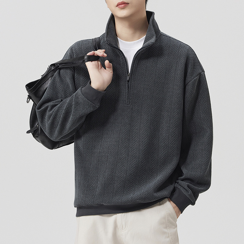High-end textured half-high collar zip-up sweatshirt for men, spring and autumn style, 2026 new model, heavyweight trendy brand, plus size, autumn collection