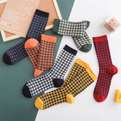 New Autumn 2022 Double-Needle Double-Track Gingham Kids Mid-Calf Socks Retro British Style Houndstooth Long Socks Pile Cotton Socks