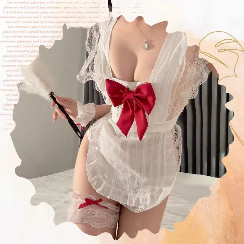 Maid Roleplay Lingerie Set with Lace Apron and White Open-toe Stockings, One Size — detail image 7