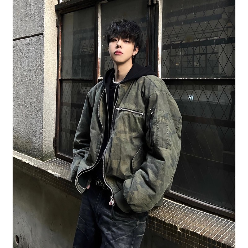 美式飞行员迷彩夹克男款春秋加厚假两件连帽上衣潮牌痞帅炸街外套