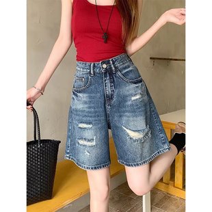 Plus Size Retro Ripped A-Line Denim Shorts for Women, Summer High-Waisted Slimming Straight Wide-Leg Mid-Length Shorts for Curvy Women