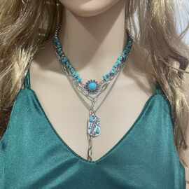 跨境新款项链 复古松石吊坠项链 时尚混合串珠叠戴项链 厂家直销