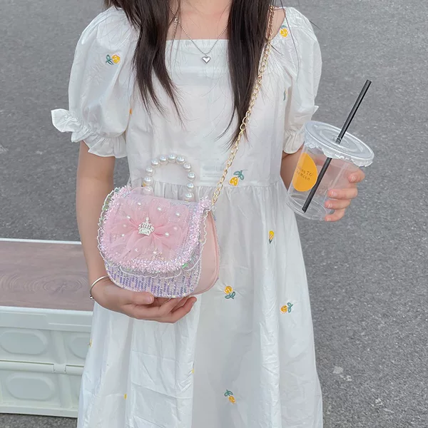 Girls' Bags, Korean Style Fashionable Small Chanel-Style Children's Crossbody Bags, Stylish Pearl Bow Handbags for Little Girls