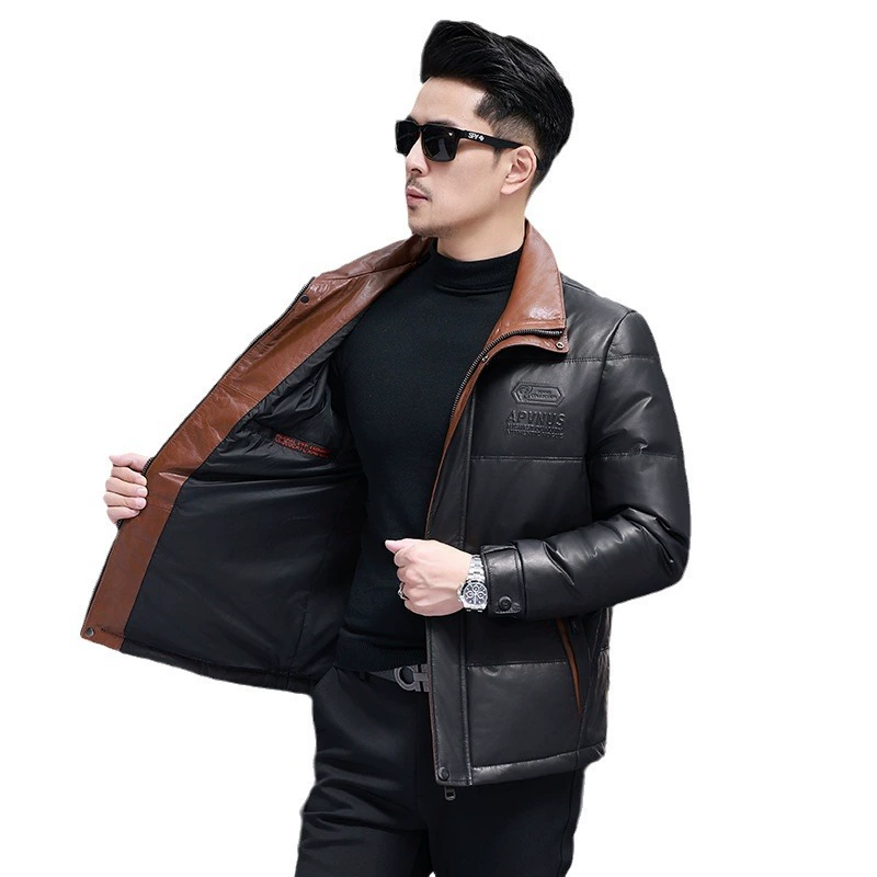 Winter leather short down jacket, genuine leather, cowhide, increased thickness