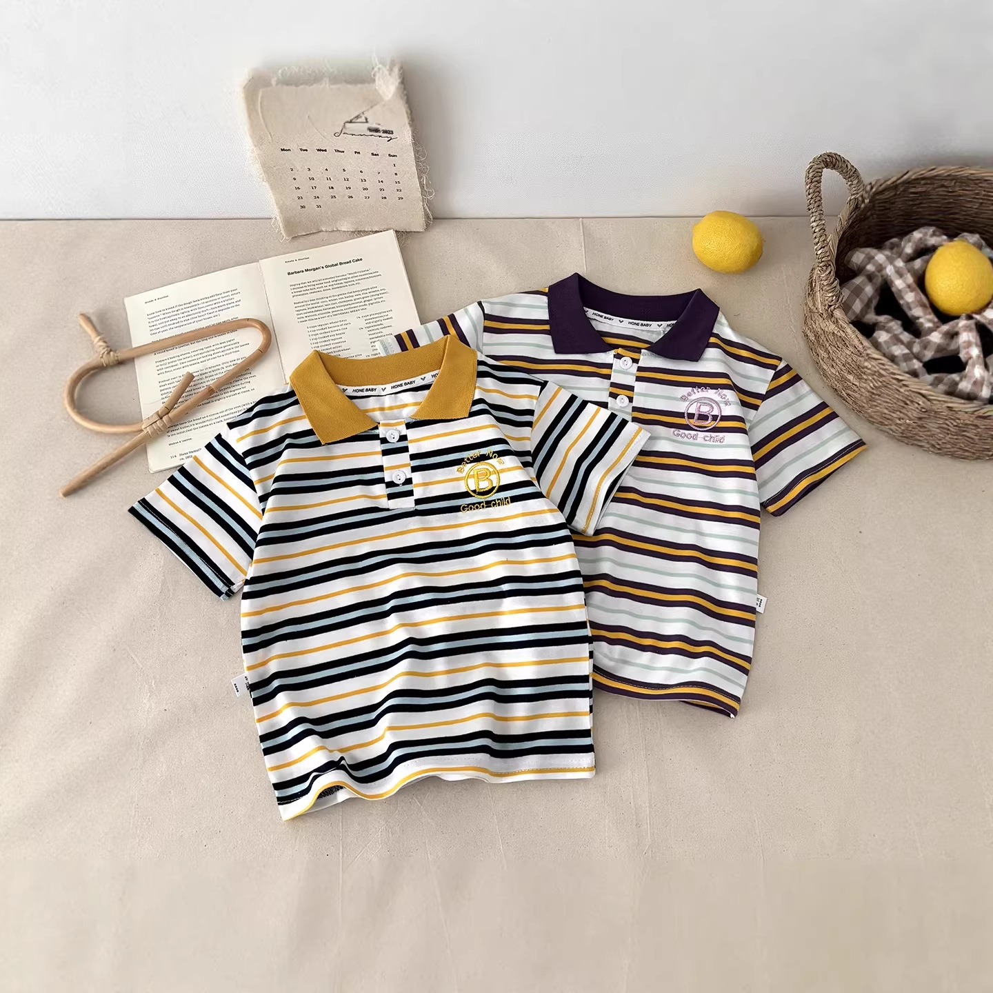Summer children's new pure cotton short-sleeved polo shirt, cute collared T-shirt, baby striped embroidered top