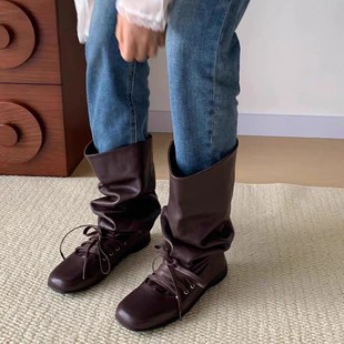 [Korean Designer] Retro Western Pile Boots Women's 2025 Summer New Square Toe Flat Pleated Calf Boots