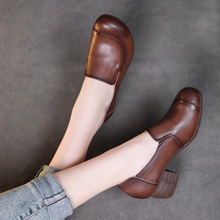 5cm粗跟真皮单鞋套脚民族风头层牛皮妈妈鞋中跟圆头黑色工作鞋女