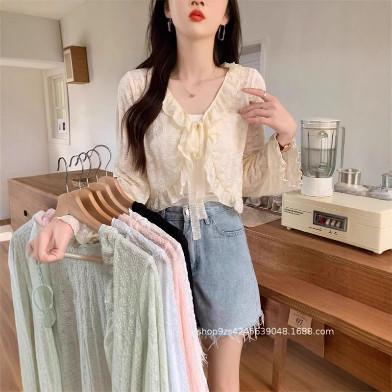 Summer chiffon shawl short sunscreen cardigan gentle wind wooden ear lace thin horn sleeve women a generation of hair