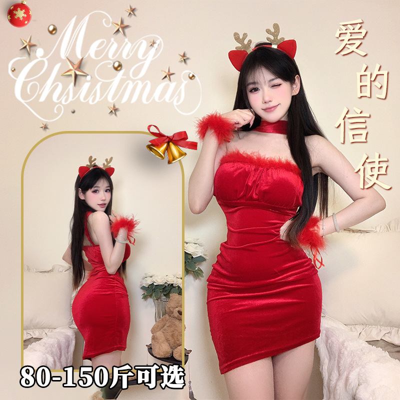 Sexy Lingerie plus size Christmas Uniform New Year Red Velvet Sexy Halloween COS dress Bunny Dress
