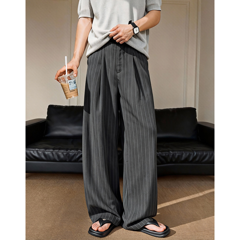 Old Money Style Vertical Striped Pleated Dress Pants for Men, Spring New Drapey Loose Casual Pants, Trendy Retro Straight-Leg Trousers