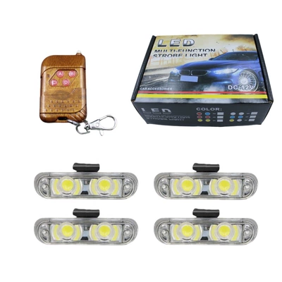 Car modification wireless remote control 12V one drag four red and blue net clip light flash light 2LED * 4 warning light (Gündüz işıqları) - white-one-to-four-2-lights-with-remote-control
