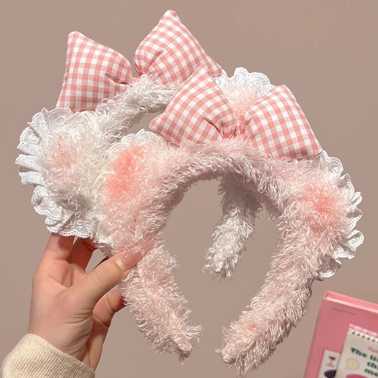 Honey Blush Bear Ear Bow Lace Face Wash Hair Band Women Makeup Hair Cute Plush Headband Headwear