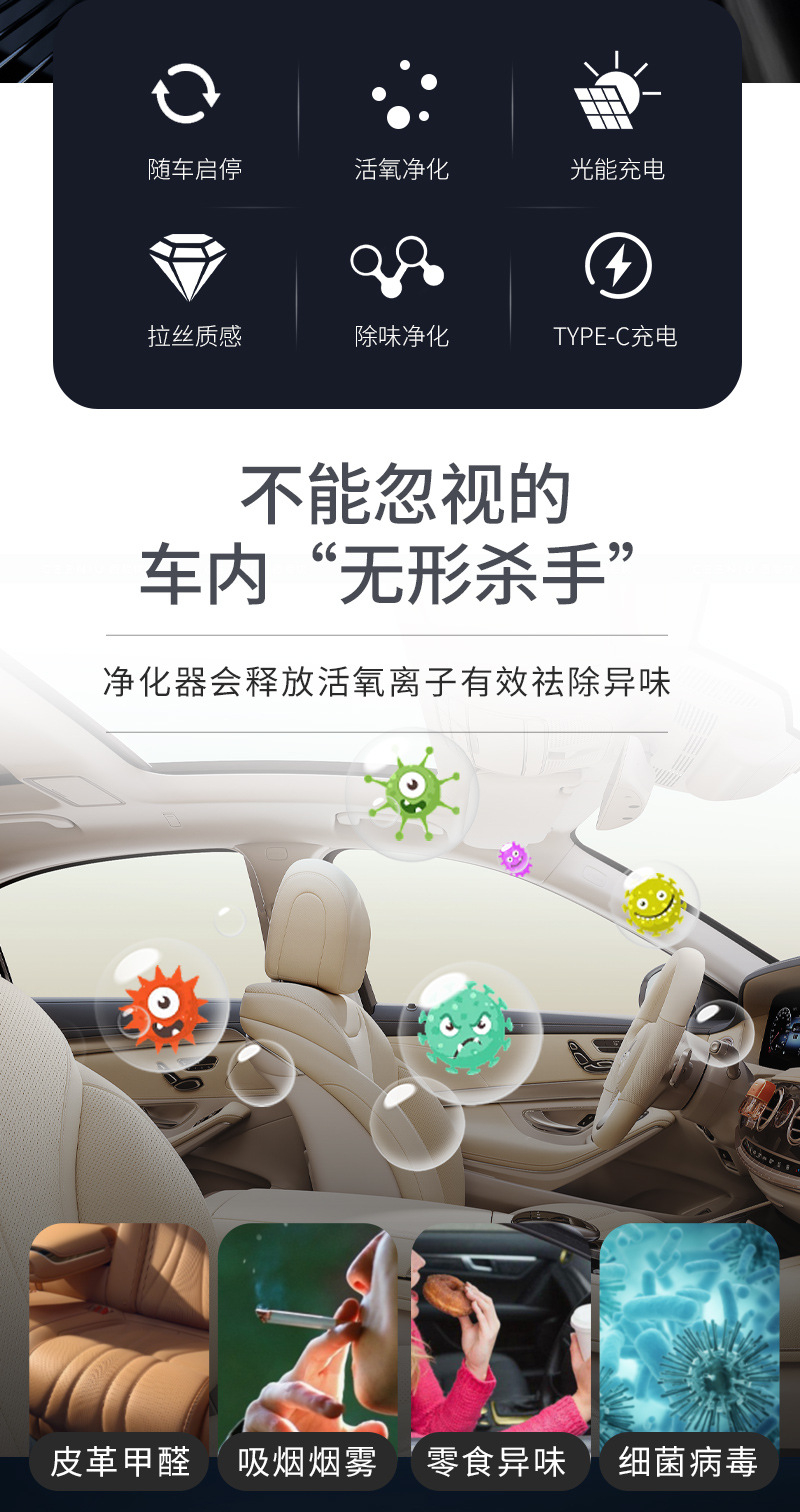 Solar car air purifier automatic operation ozone generator deodorant sterilization disinfection solar charging